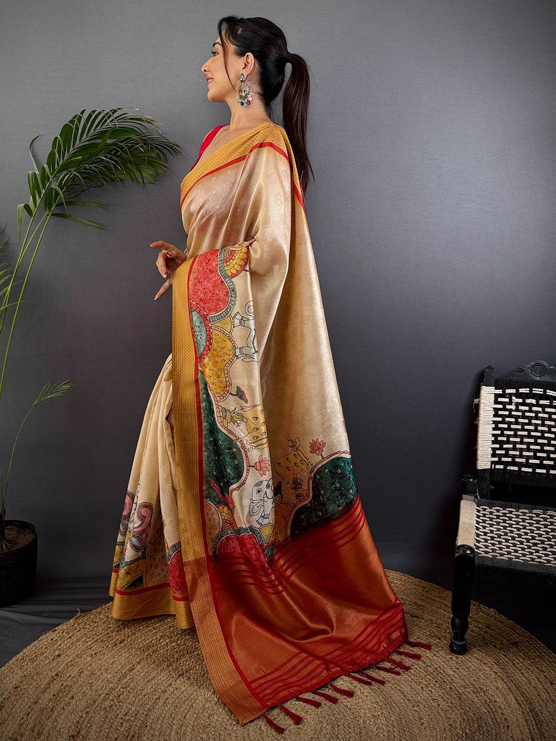 Cream Tussar Silk Kalamkari Print Saree