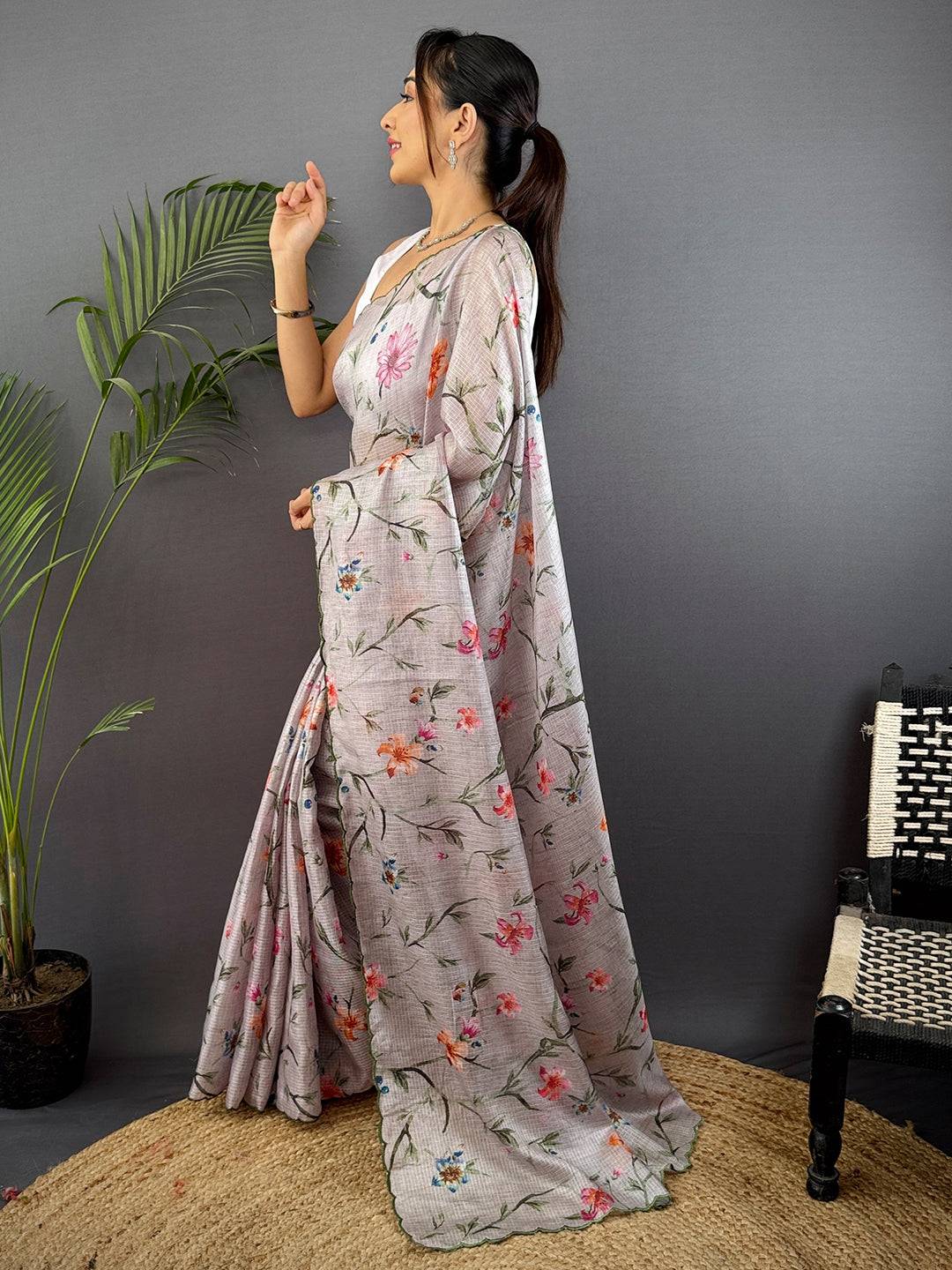 Light Grey Soft Kota Floral Print Saree