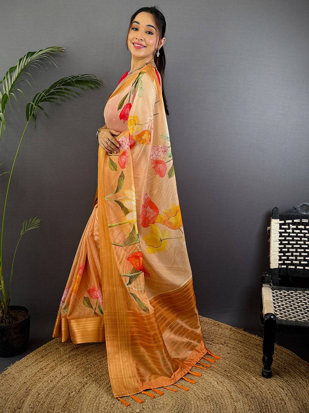 Orange Soft Organza Digital Print Saree