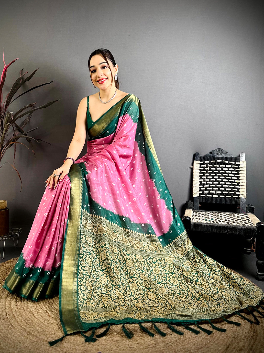 Pink Bandhej Printed Dola Silk Saree