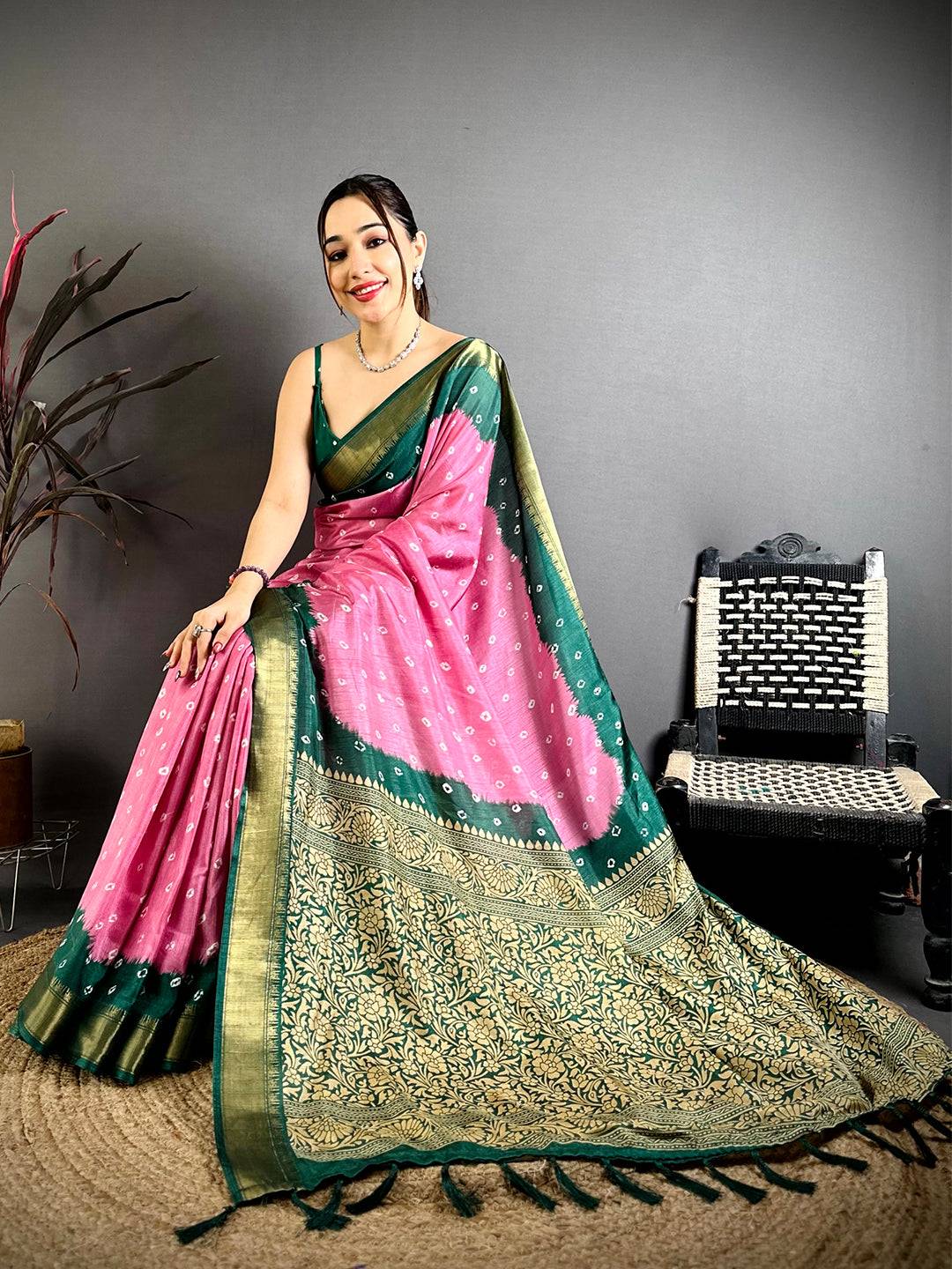 Pink Bandhej Printed Dola Silk Saree