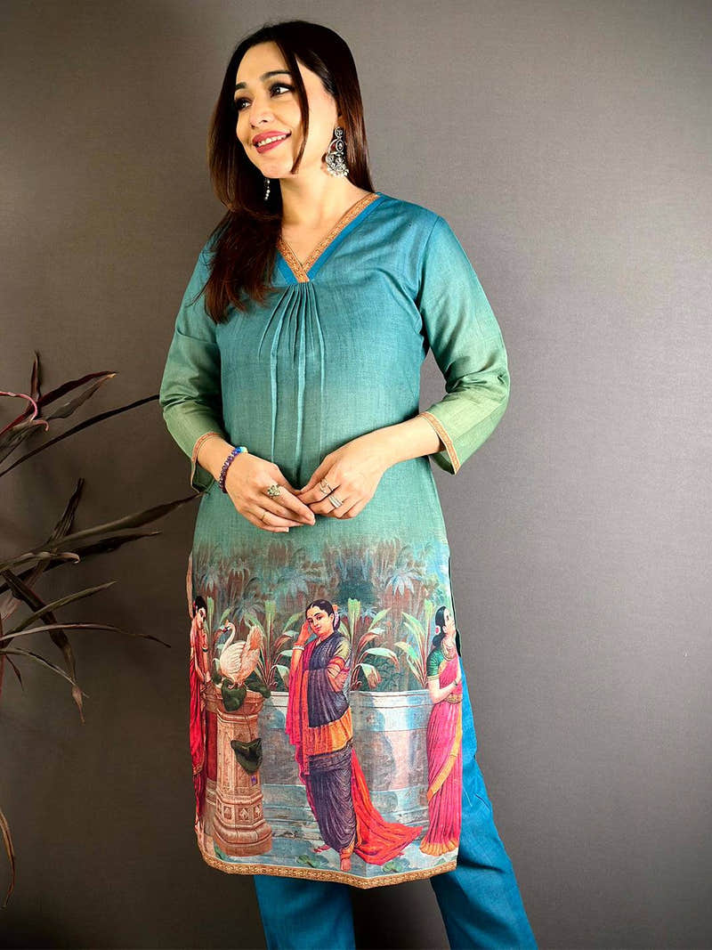 Teal Mul Cotton Painting Print Kurti with Border V Neck