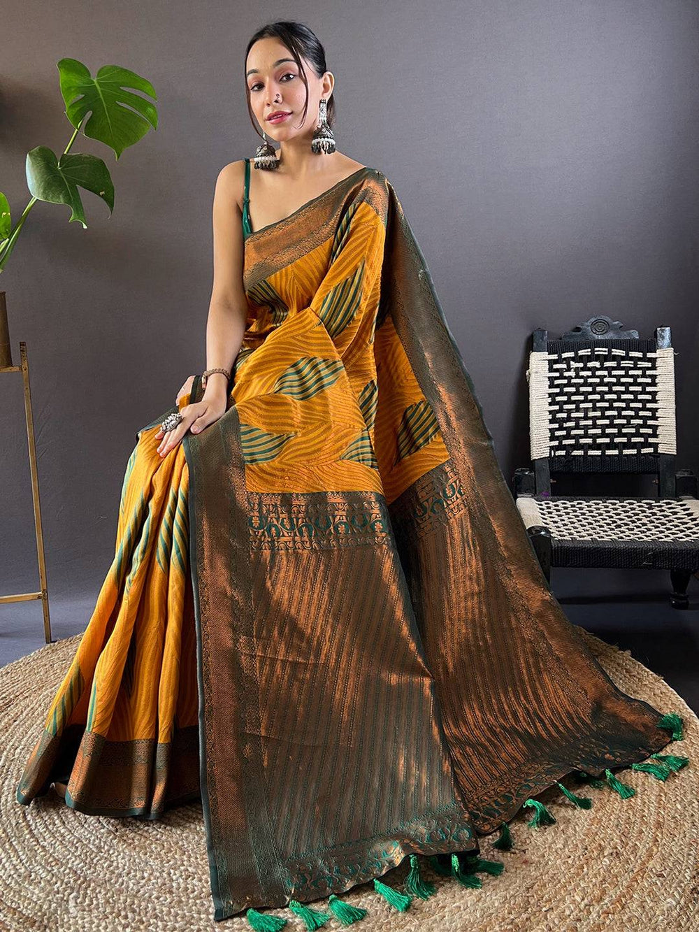 Mustard Tussar Silk Saree with Green Ikkat Patterns