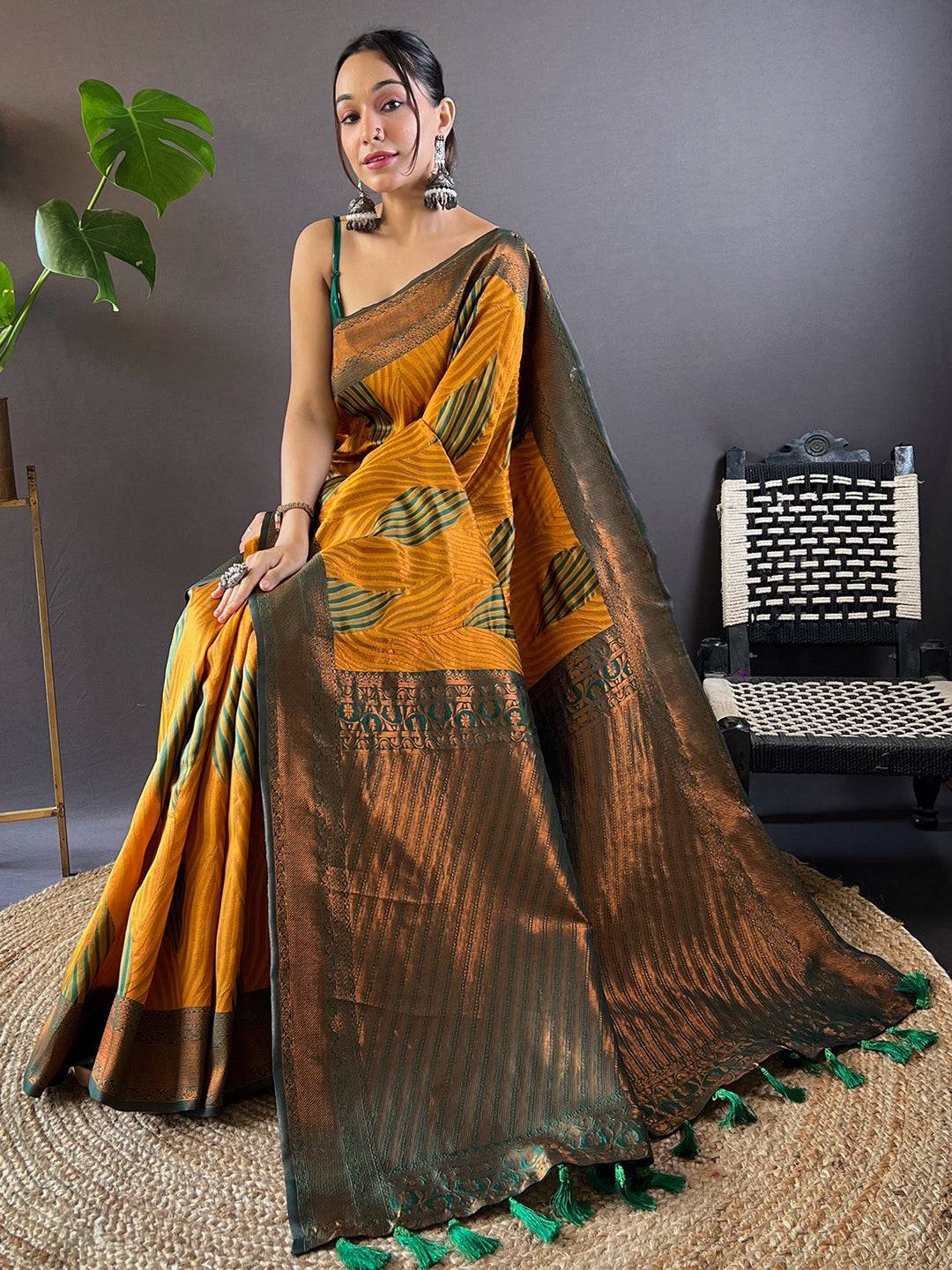 Mustard Tussar Silk Saree with Green Ikkat Patterns