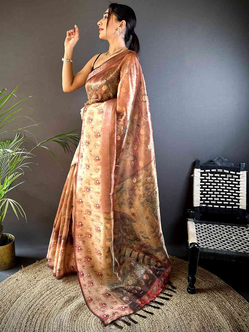 Maroon Floral Satin Bentex Border Saree