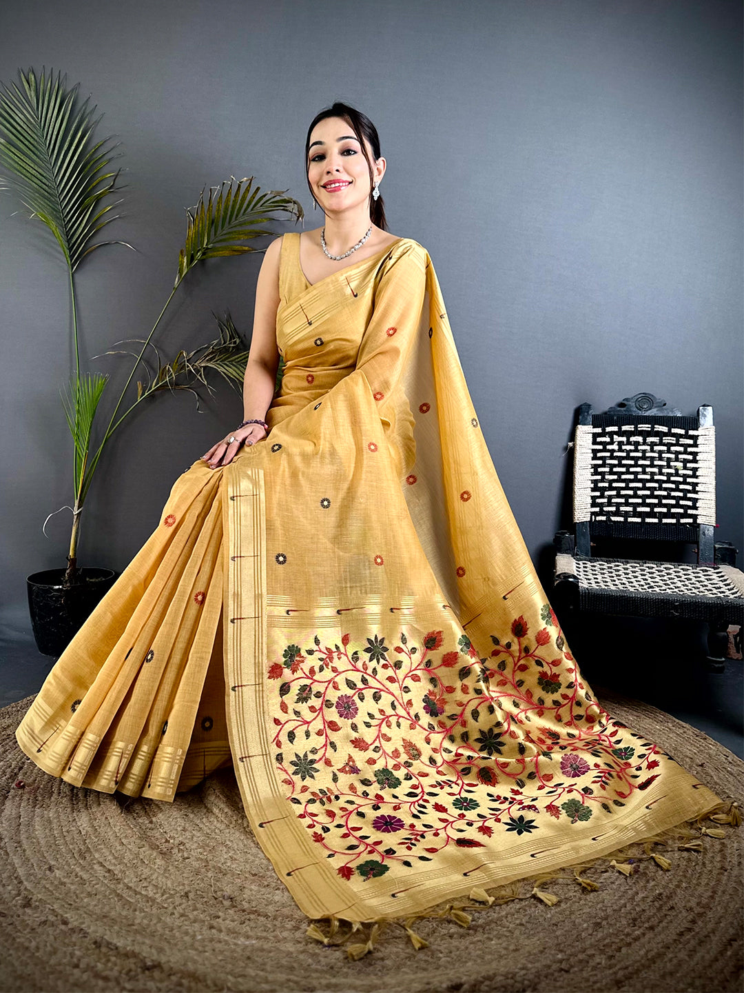 Aura Yellow Minakari Butti Linen Saree