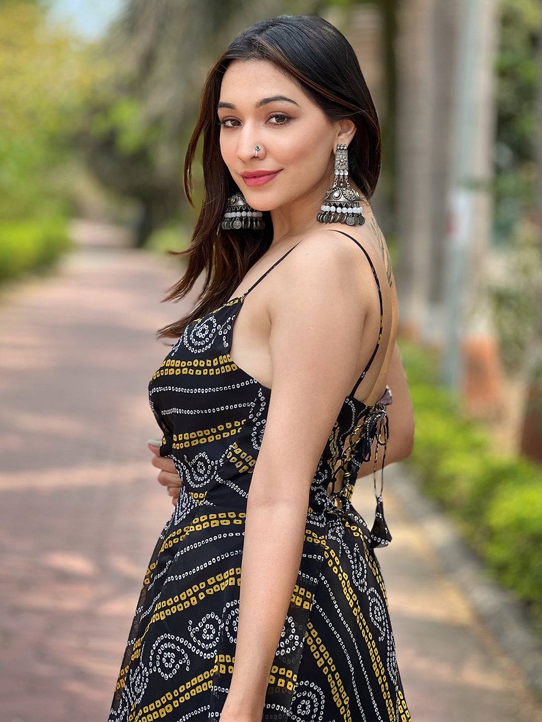 Back view of Raven Black Printed Bandhej Dress