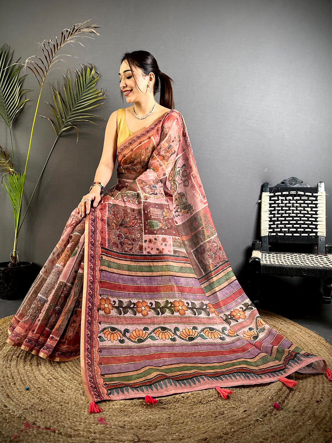 Radiant Minakari Kalamkari Linen Saree