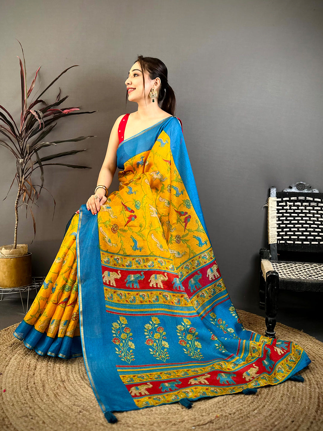 Mustard Kota Doriya Block Print Saree