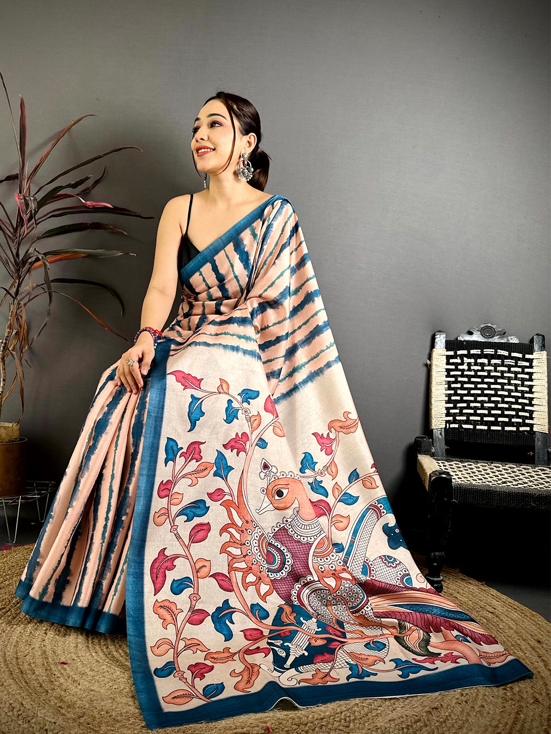 Artistic Ivory Tussar Kalamkari Print Saree