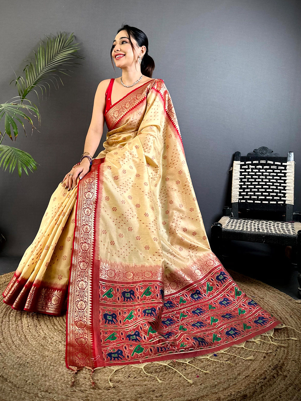 Cream Bandhej Pochampally Raw Silk Saree