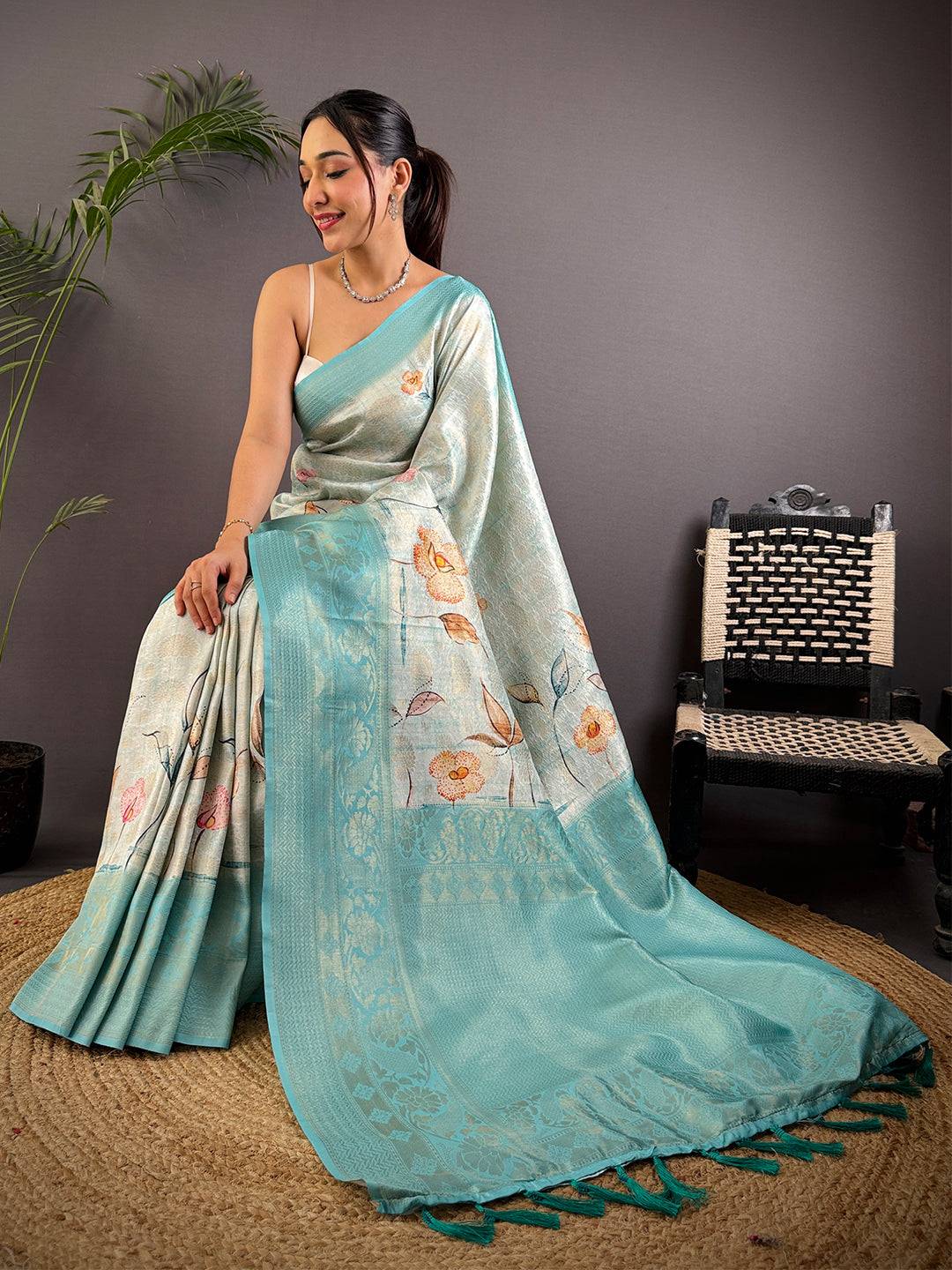 Sky Blue Kanjivaram Silk Digital Print Saree