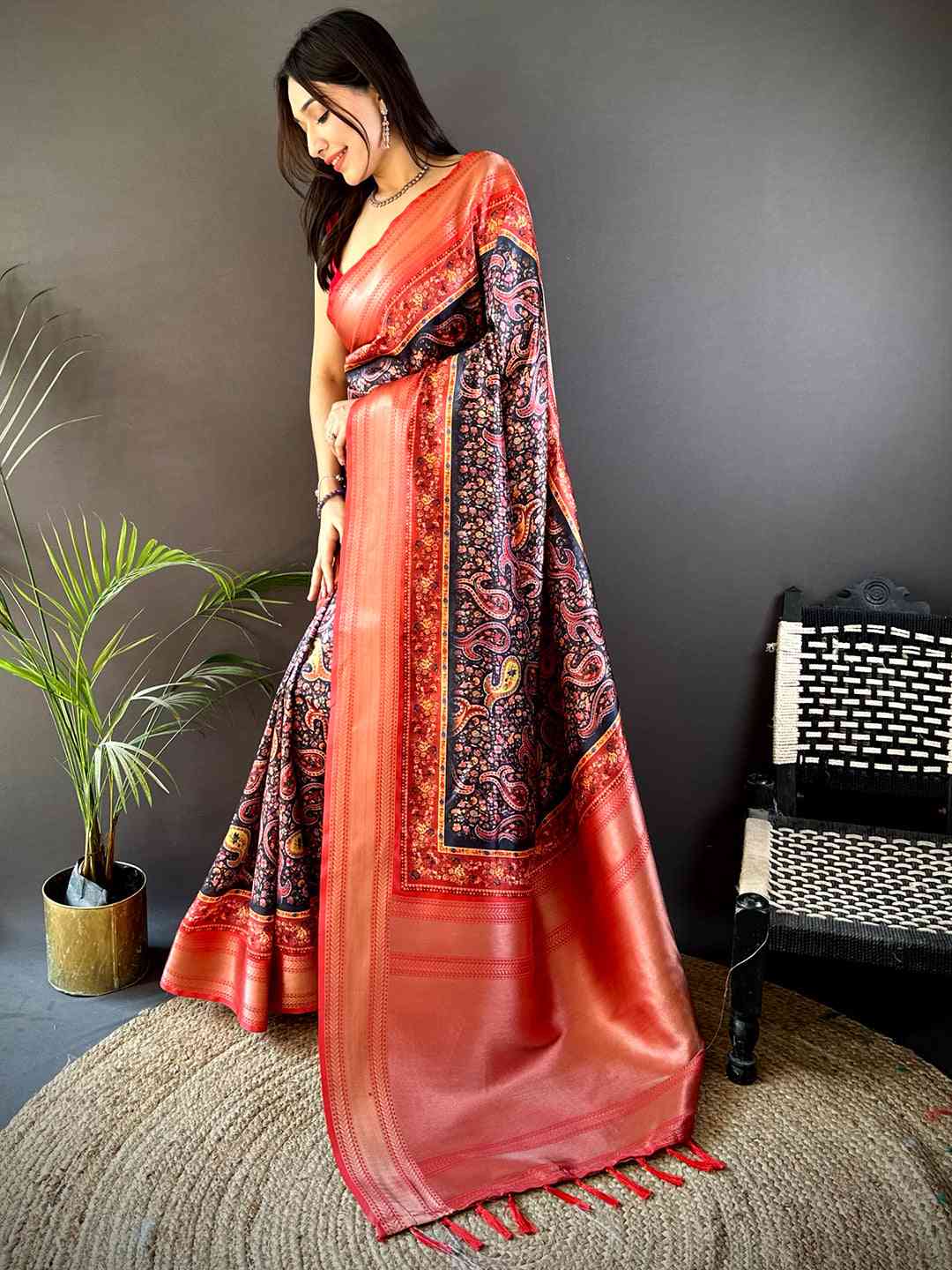 Black Mughal Kalamkari Print Pashmina Saree