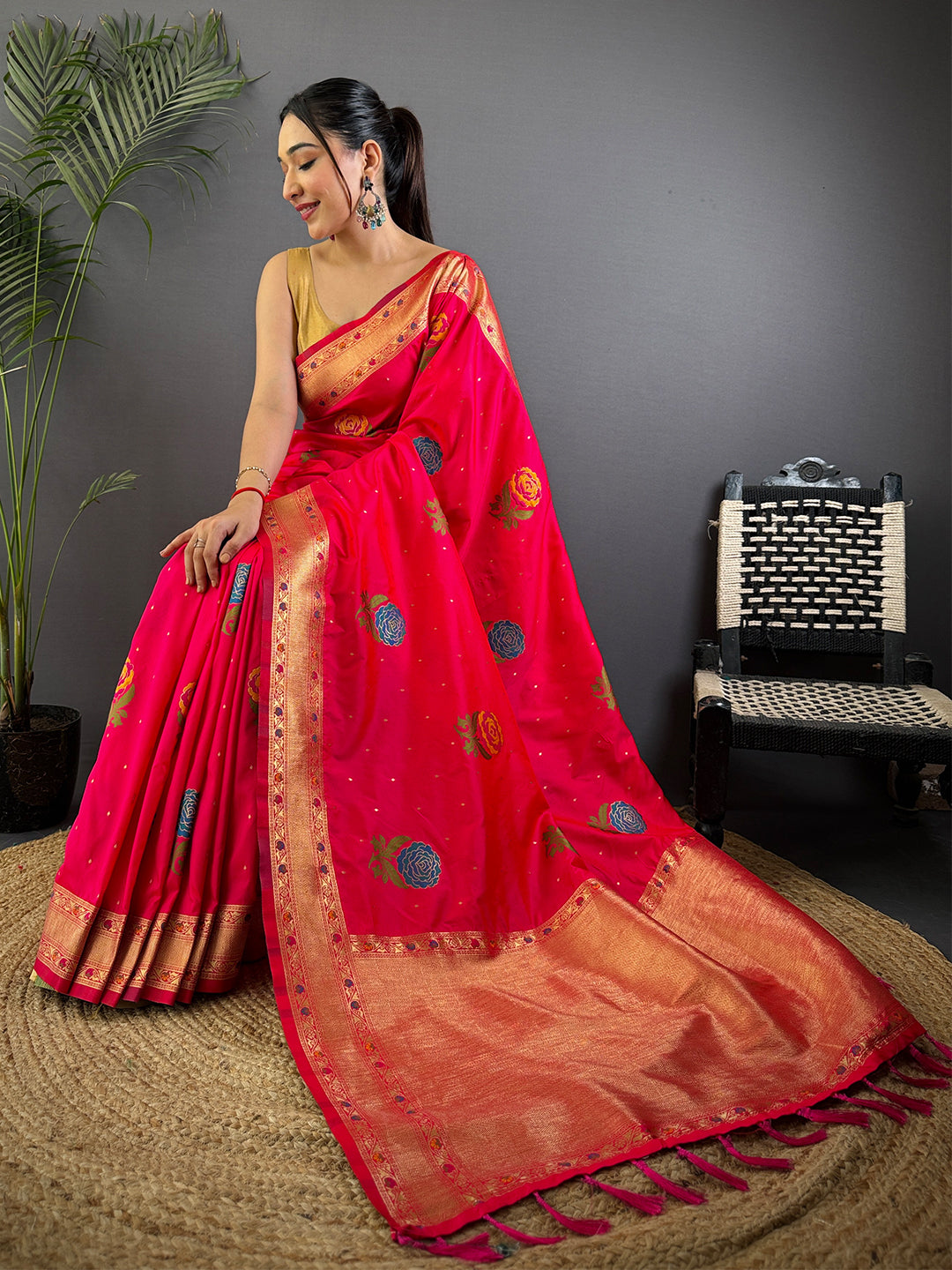Pink Soft Silk Flowerport Minakari Saree