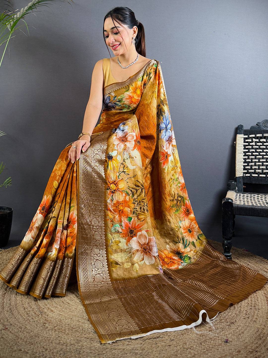 Radiant Bronze Floral Digital Saree