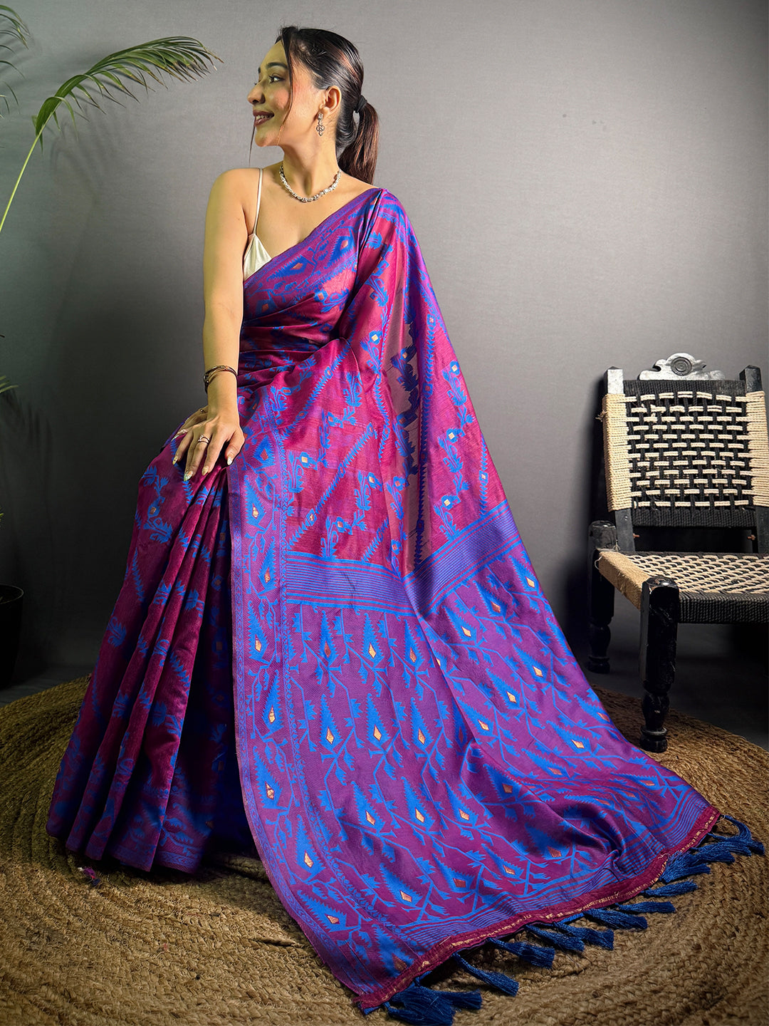 Wine Cotton Silk Dhakai Jamdani Saree