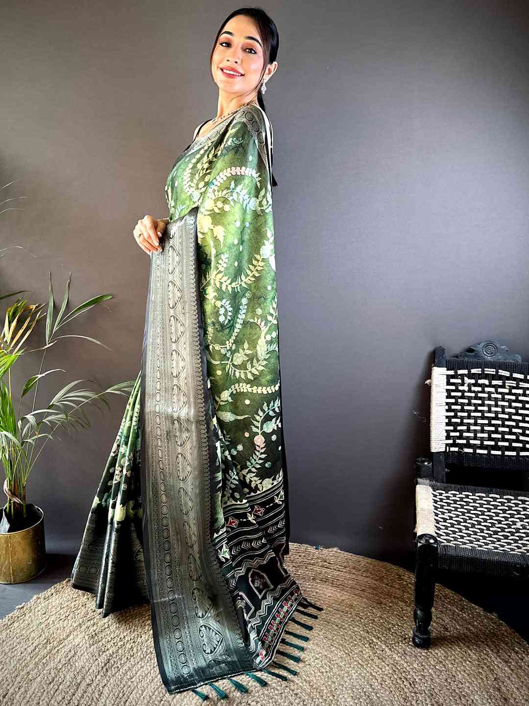 Green Floral Animal Batik Soft Silk Saree