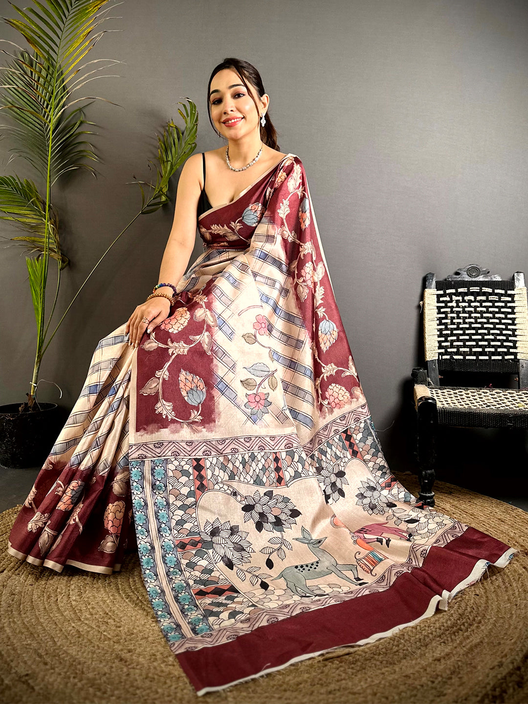 Artistic Chex Kalamkari Tussar Saree