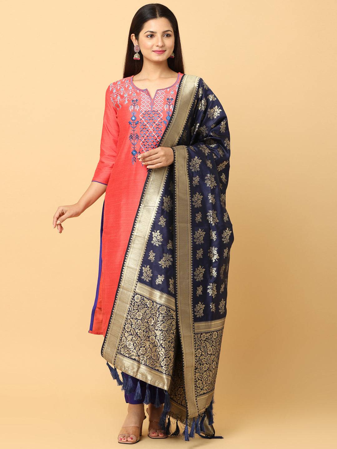 Model wearing navy silk blend dupatta with resham tassels