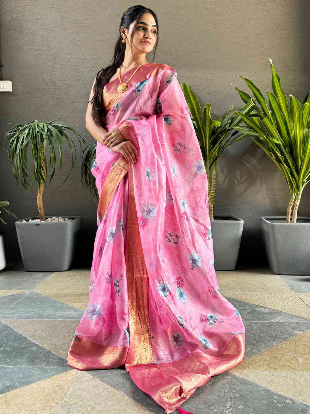 Elegant pink Kota silk saree with digital floral print