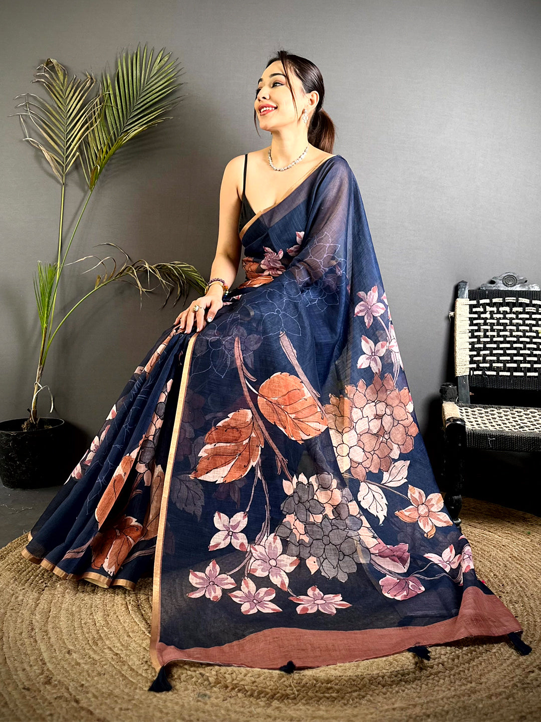 Classic Navy Floral Linen Saree