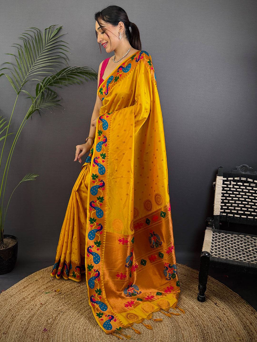 Mustard Yellow Yeola Paithani Soft Silk Saree