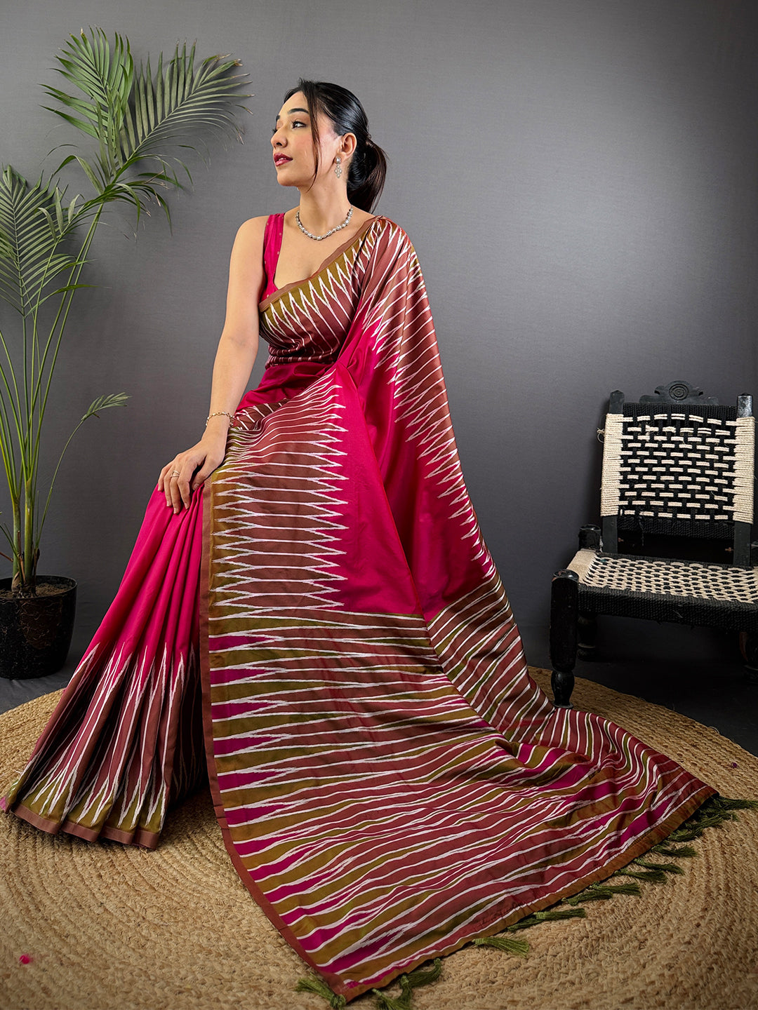 Peach Soft Silk Ikkat Zari Weaving Saree