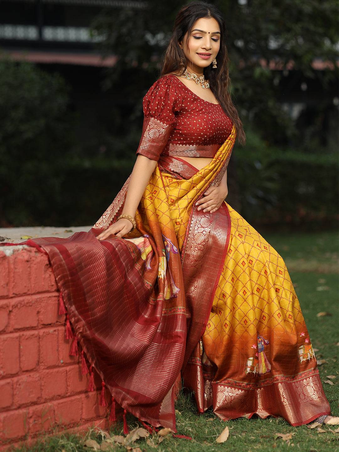 Mustard Colour Viscose Dola Silk Saree With Mughal Motifs
