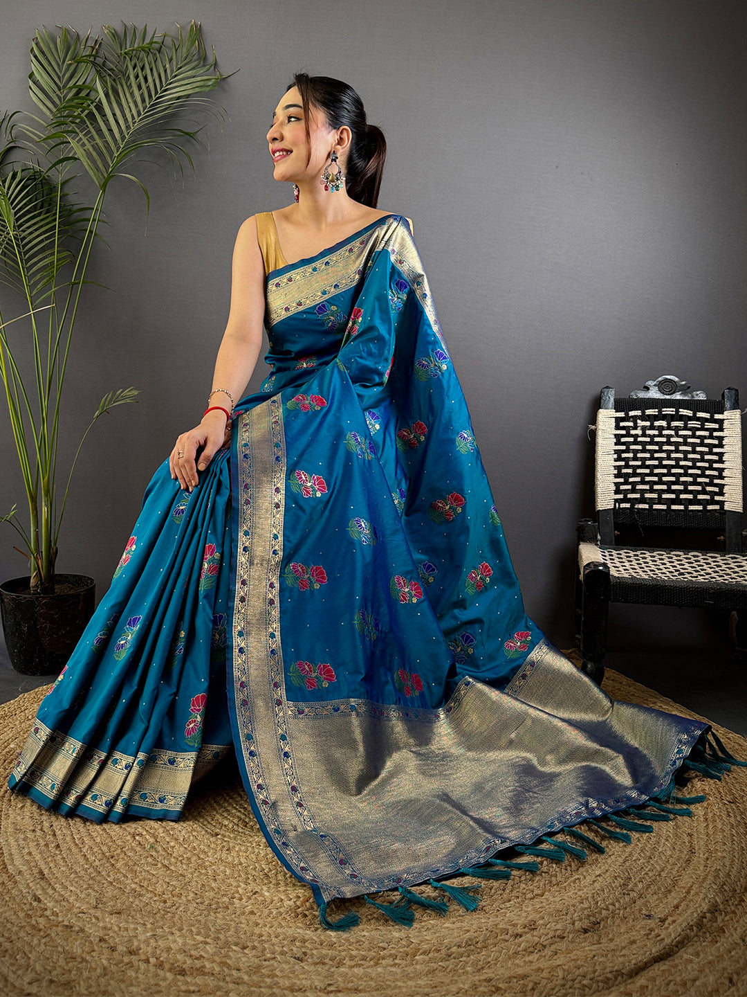 Sky Soft Silk Flowerport Minakari Saree