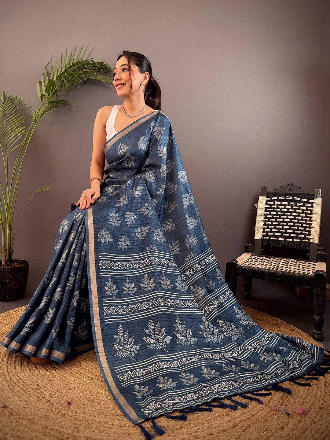 Steel Blue Leaf Print Ghicha Handloom Saree