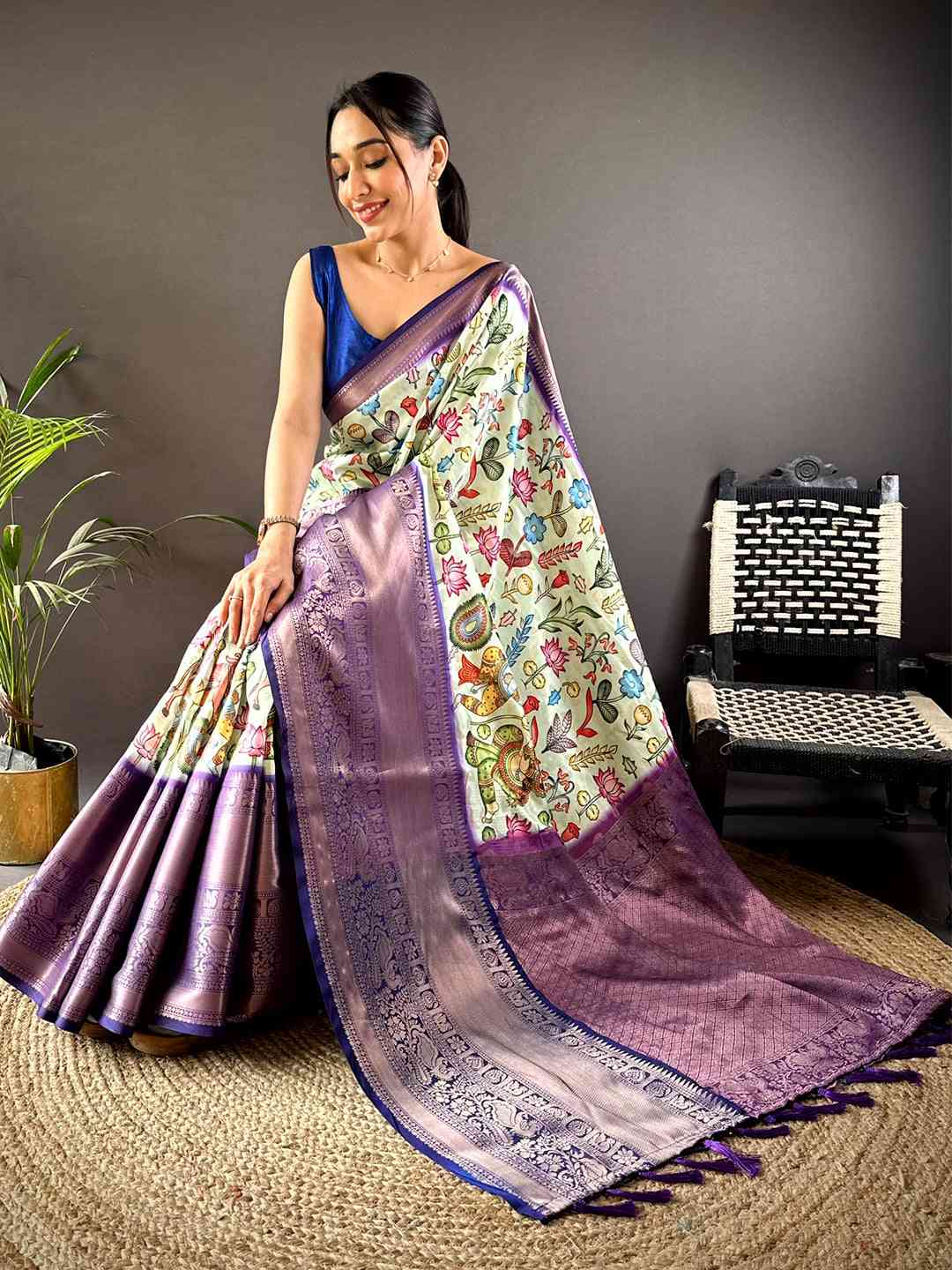 Pista Soft Banarasi Silk Floral Kalamkari Saree
