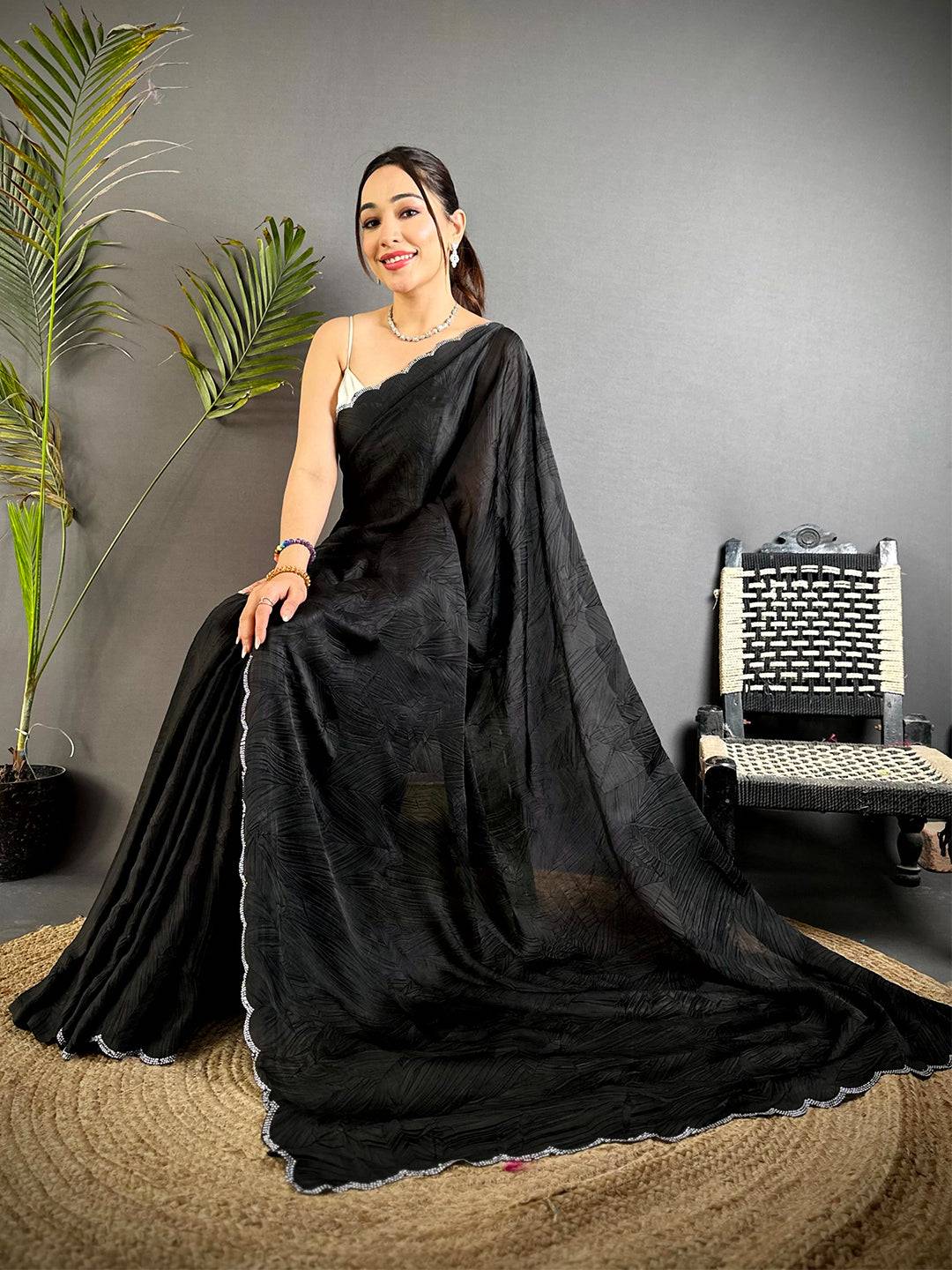 Black Swarovski Silk Crush Saree