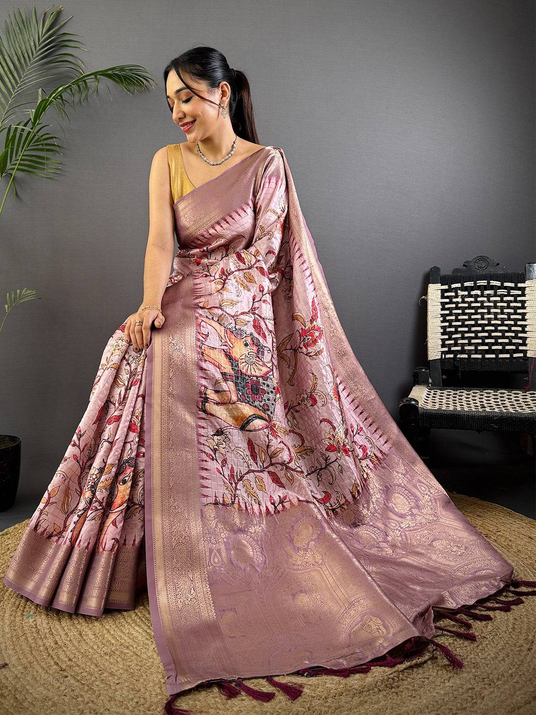 Rose Gold Freehand Design Gadwal Saree