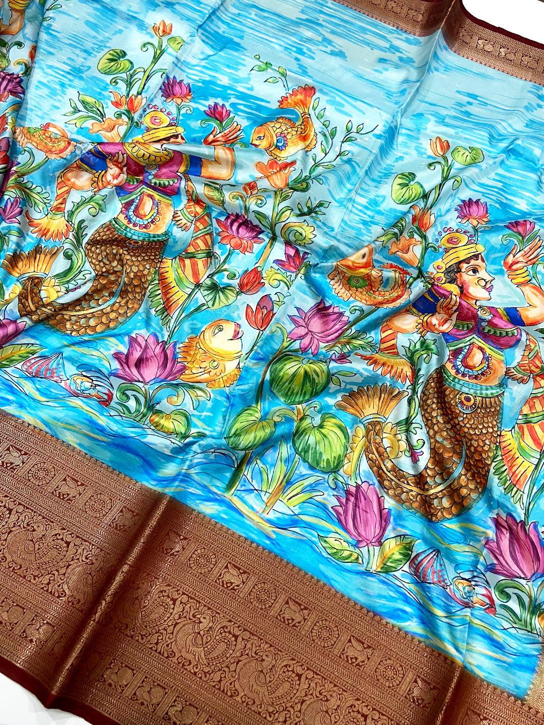 Sky Blue Banarasi Silk Kalamkari Saree
