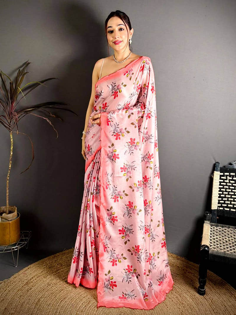 Pink Chinnon Embroidered Border Saree
