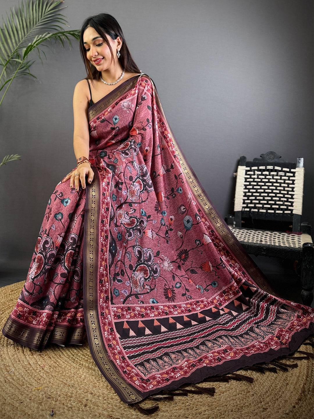 Wine Floral Grace Soft Silk Saree