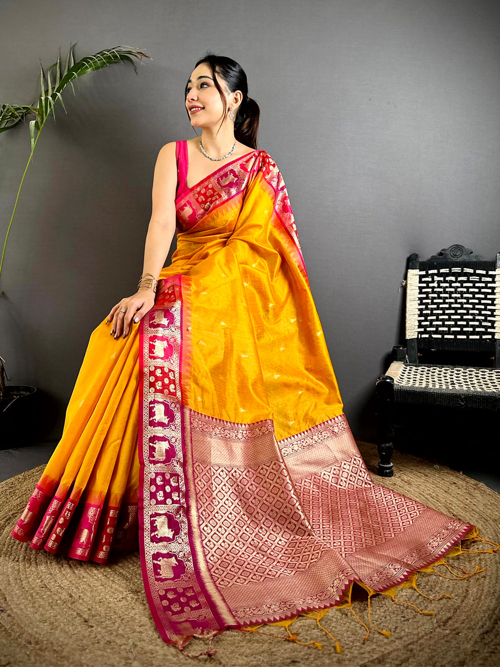Yellow Minakari Kanchi Pattu Raw Silk Saree