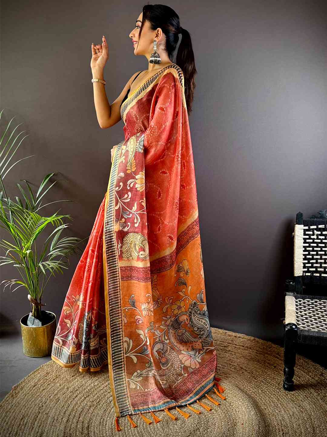 Rose Red Floral Chanderi Saree