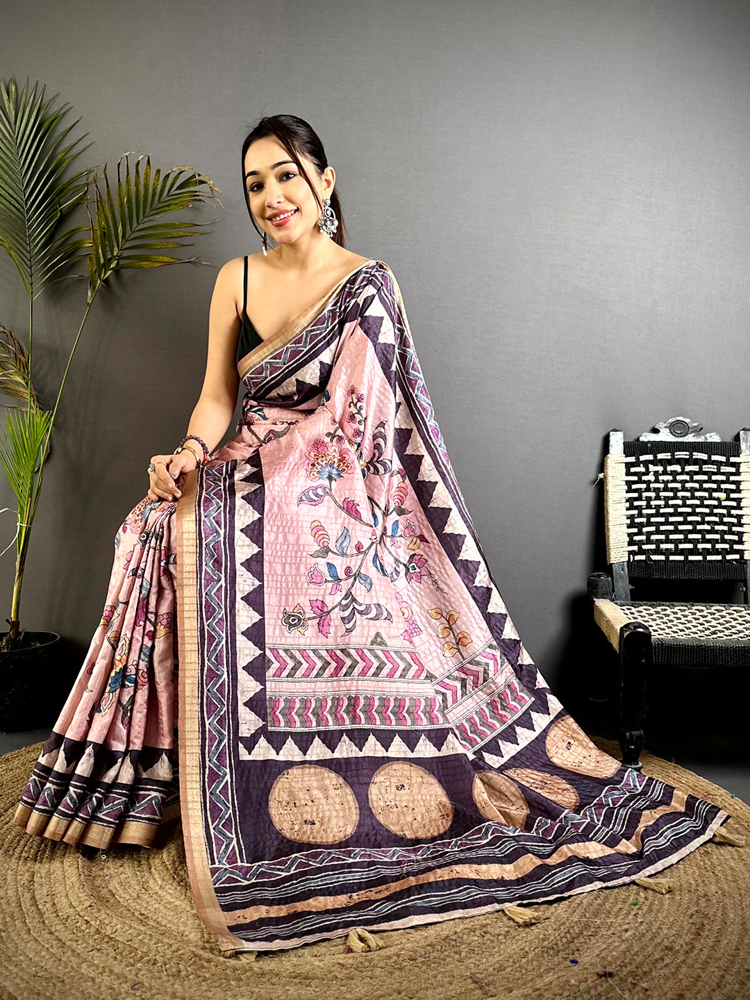 Opulent Ajrakh Kalamkari Tussar Saree