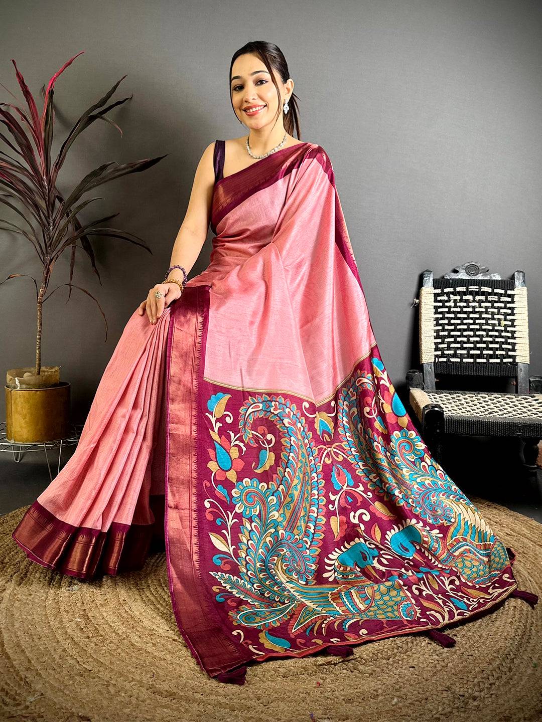 Pink Kalamkari Pallu Dola Saree