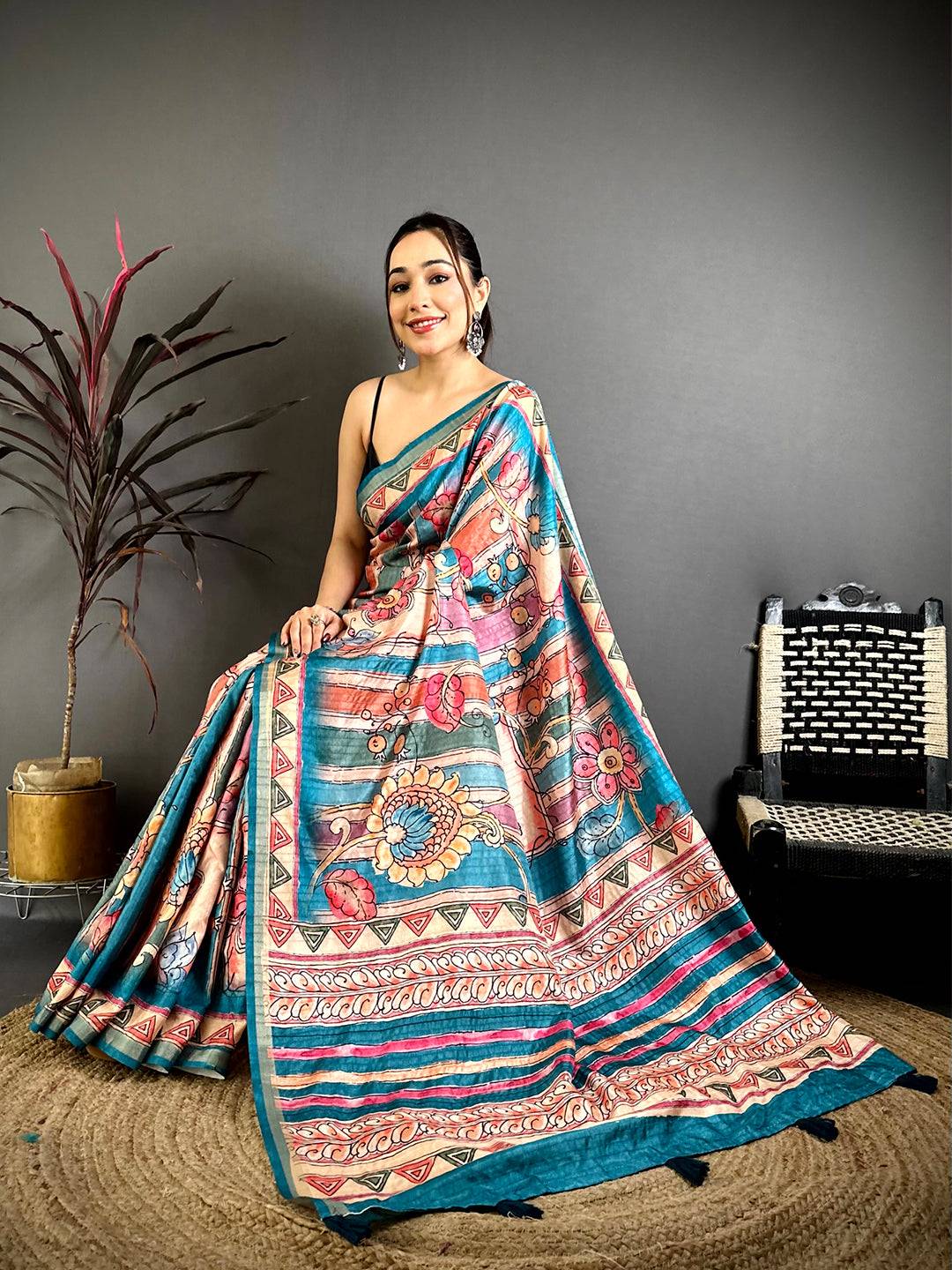 Vibrant Tussar Rainbow Striped Saree