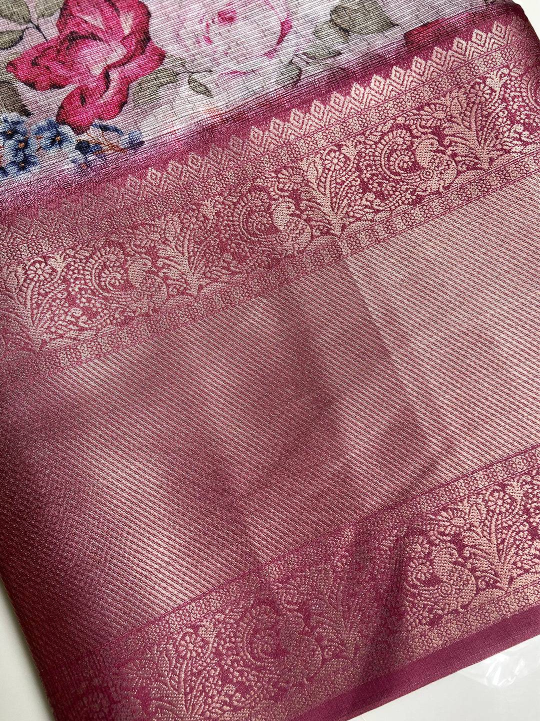 Gold zari border on pink Kota Doriya saree with floral design