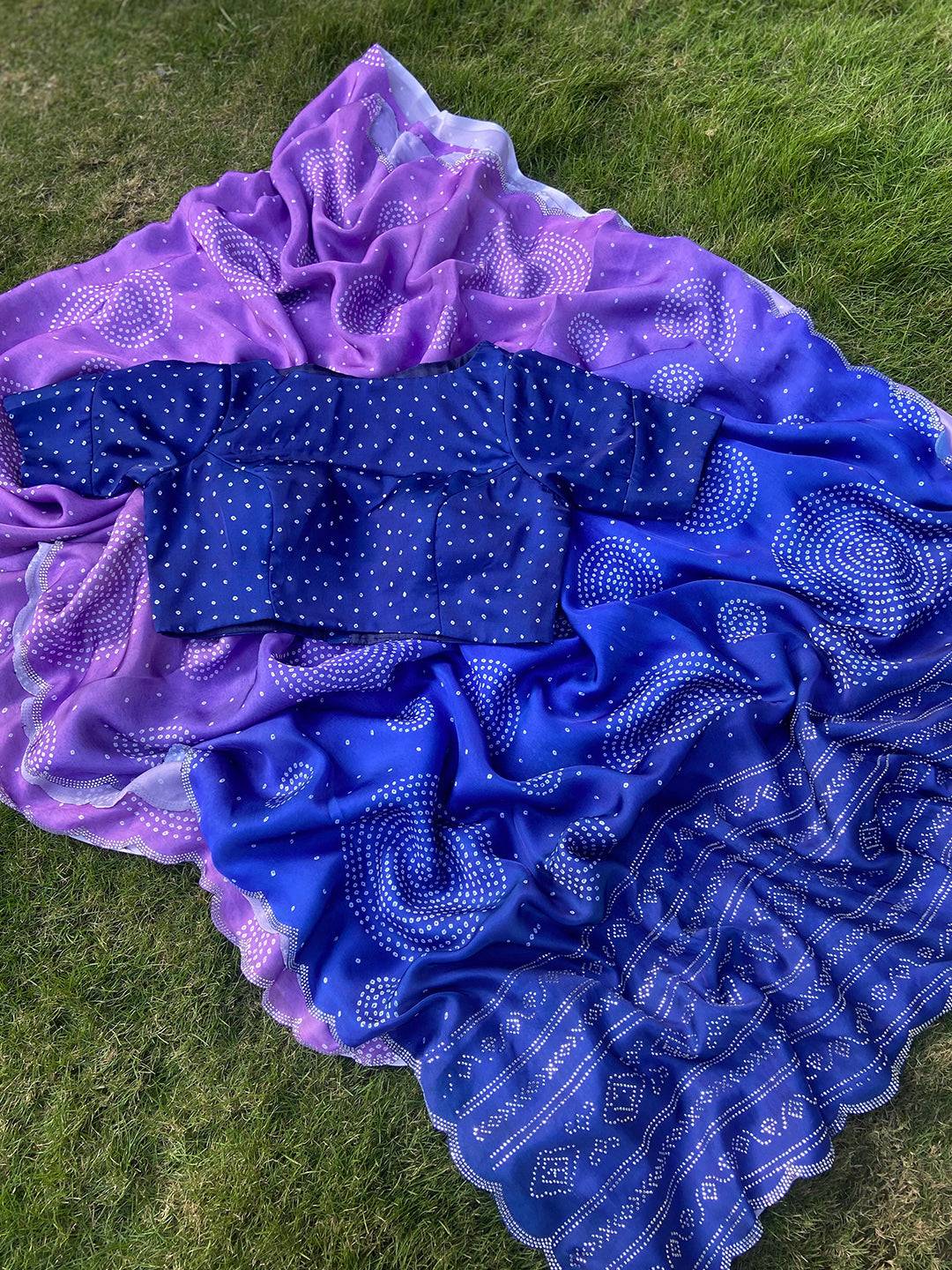 Georgette Silk Saree with Ombre Bandhej Print & Stone Work