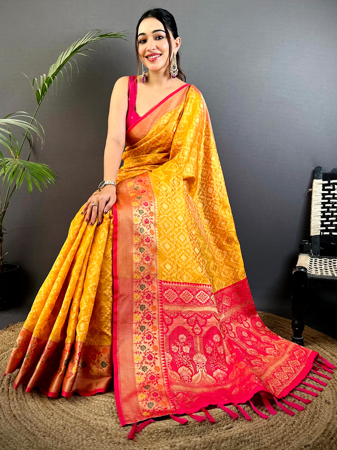 Yellow Banarasi Minakari Katan Silk Saree
