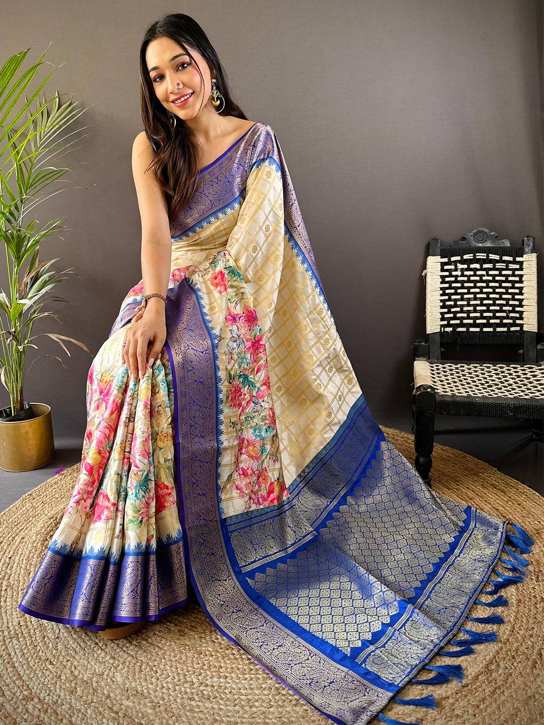 Blue Floral Bloom Kovai Rettapet Saree