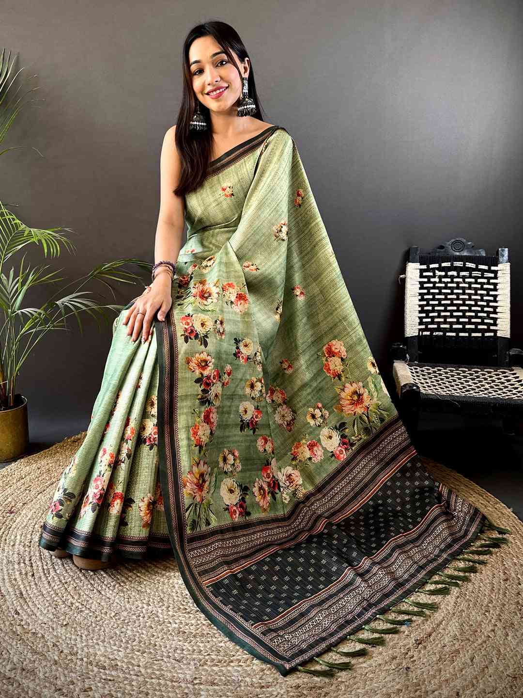 Floral Beauty in Light Green Tussar Zari Saree