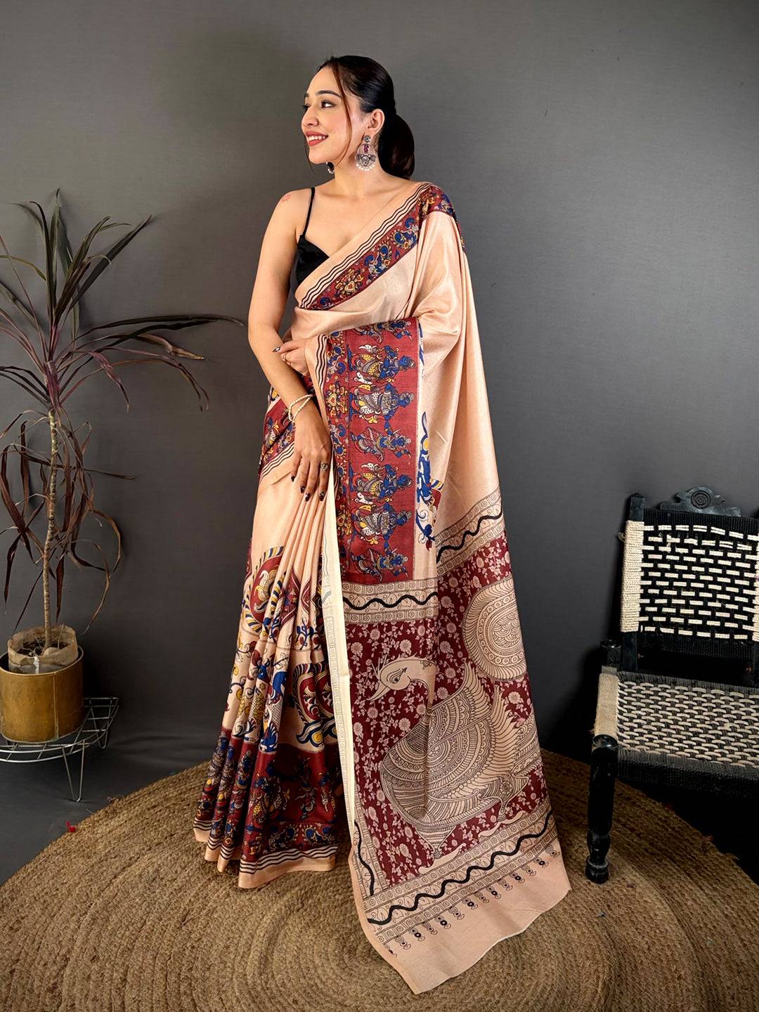 Radiant Kalamkari Border Soft Tussar Saree