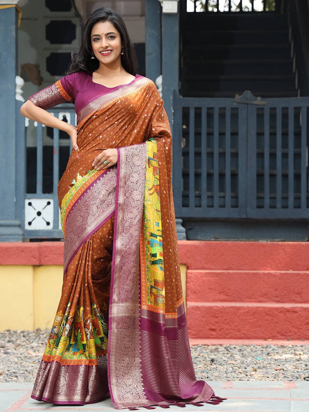 Brown Pure Viscose Dola Silk Saree with Bhandhej Print