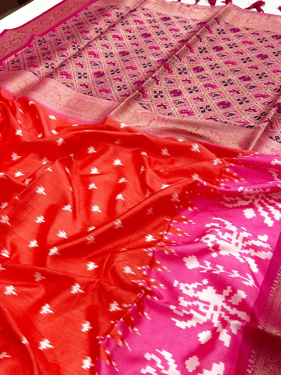 Red Banarasi Ikkat Print Saree