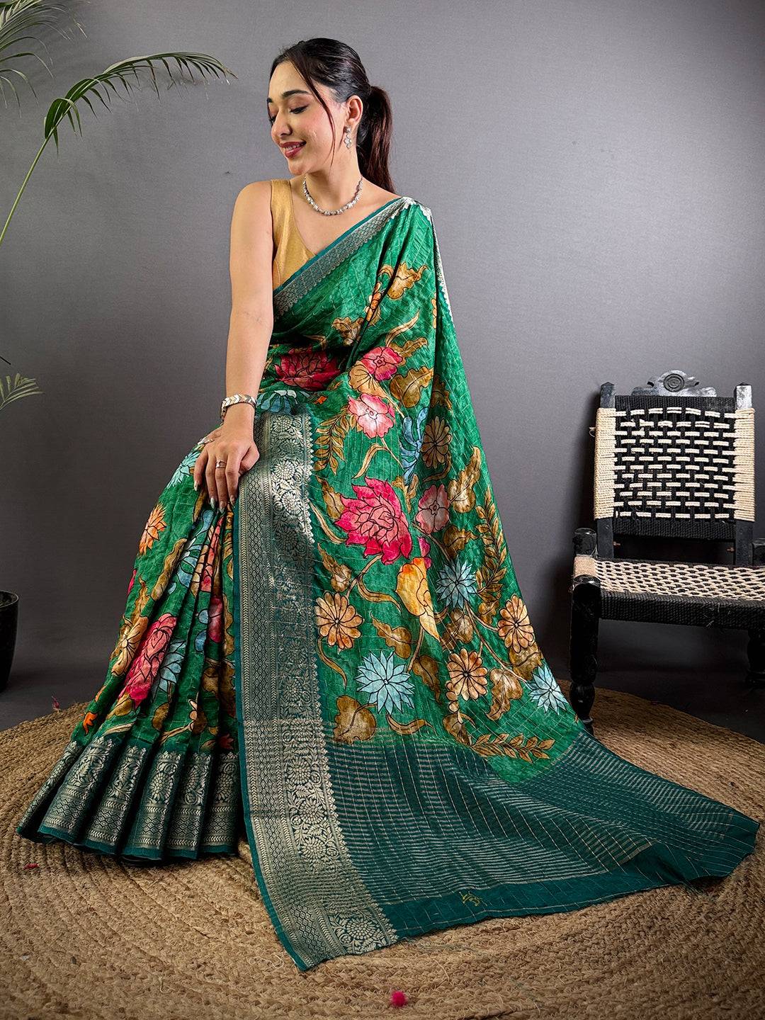 Deep Green Floral Printed Viscose Saree
